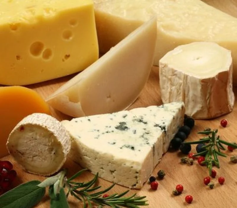 A selection of blue, hard and soft cheeses